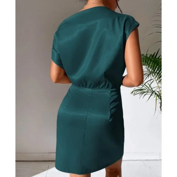 Satin Asymmetrical NeckLine Mini Dress- teal
